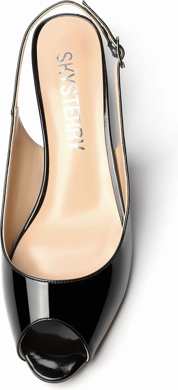 SKYSTERRY Womens Patent Slingback Buckle Peep Toe Wedding Cute Spool Low Heel Pumps Shoes 1.5 Inch