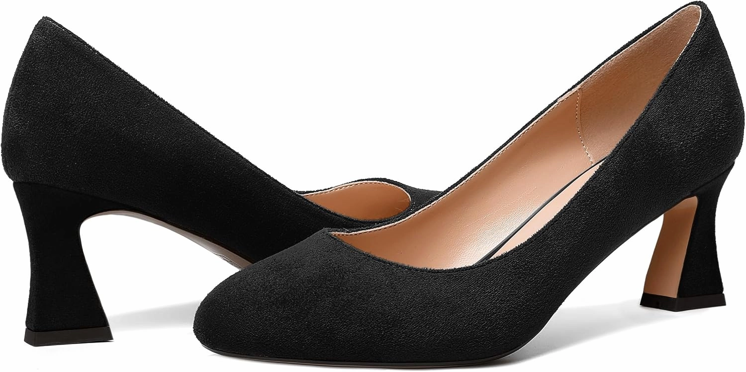 SKYSTERRY Womens Suede Slip On Round Toe Cute Evening Spool Mid Heel Pumps Shoes 2.5 Inch
