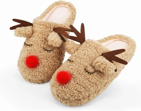 SKYWHEEL Women's Reindeer Slippers - Comfortable Plush Warm Non-Slip Slippers for Christmas, Family, Holiday, Winter, House, Indoor, Outdoor, Bedroom