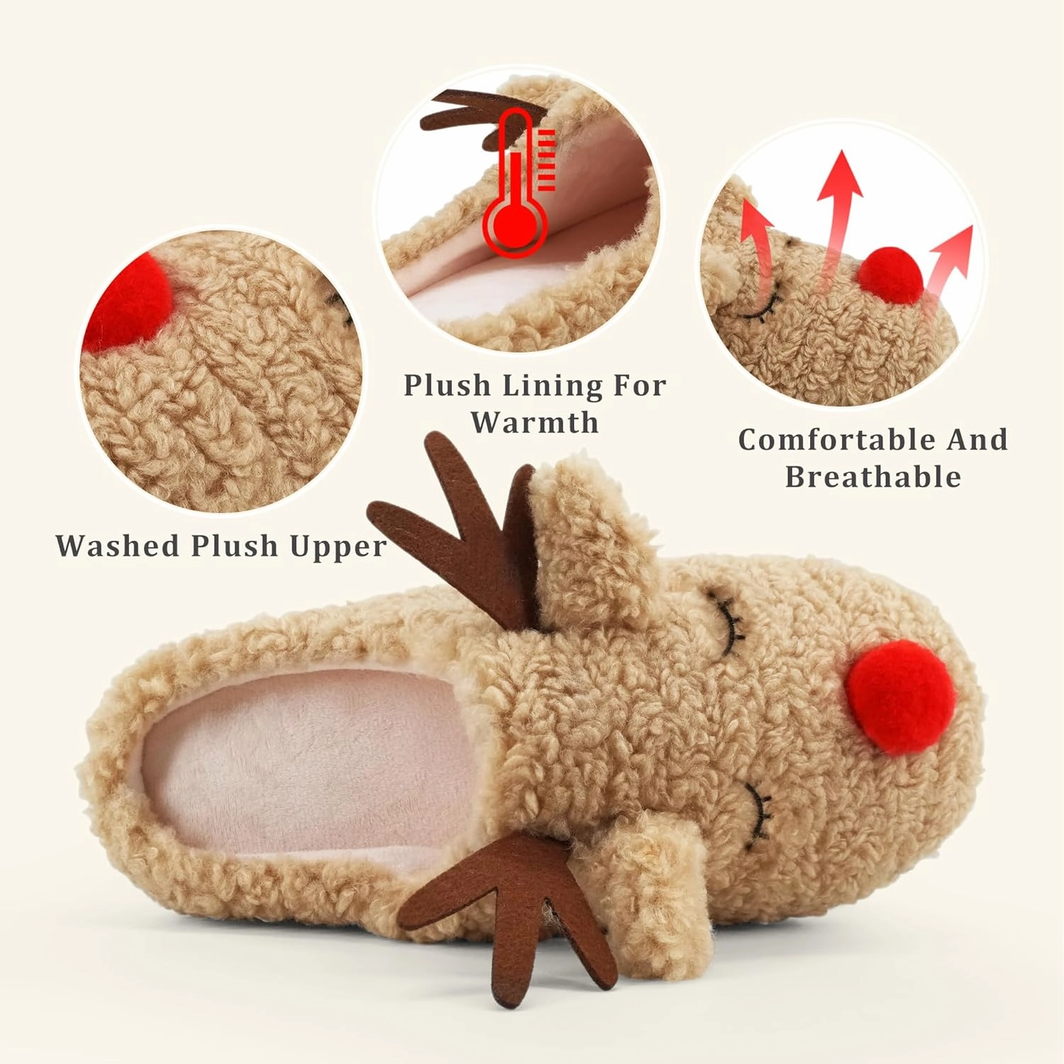 SKYWHEEL Women's Reindeer Slippers - Comfortable Plush Warm Non-Slip Slippers for Christmas, Family, Holiday, Winter, House, Indoor, Outdoor, Bedroom