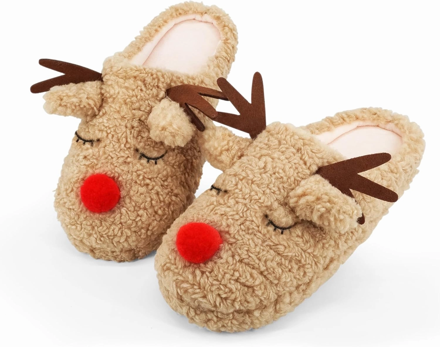 SKYWHEEL Women's Reindeer Slippers - Comfortable Plush Warm Non-Slip Slippers for Christmas, Family, Holiday, Winter, House, Indoor, Outdoor, Bedroom