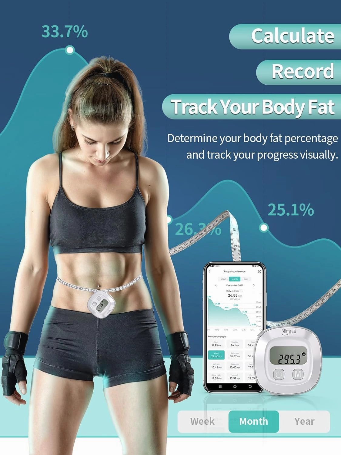 Slimpal Smart Body Tape Measure, FSA HSA Eligible Approved Measuring Tape for Body Measurements Device, Retractable Bluetooth Monitoring Body Fat BMI Tool for Fitness Shape & Weight Loss