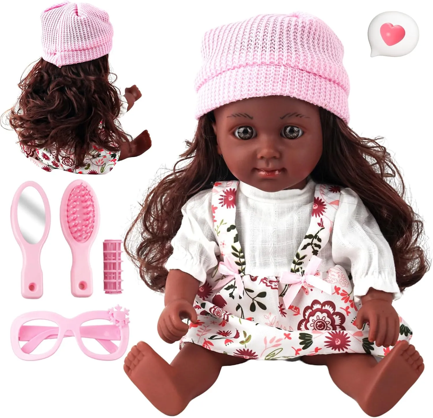SMILESSKIDDO Baby Doll, 12 inch Black Interactive Talking Doll with Hair, Mirror, Comb Accessories, Soft Vinyl Body & 12 Sounds – Perfect Pretend Play Toy for Toddlers Girls 2 3 4 5 6