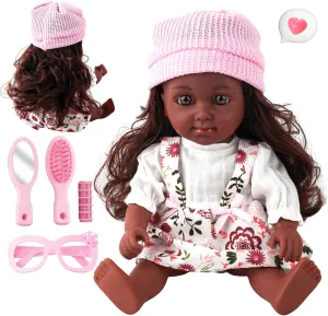 SMILESSKIDDO Baby Doll, 12 inch Black Interactive Talking Doll with Hair, Mirror, Comb Accessories, Soft Vinyl Body & 12 Sounds – Perfect Pretend Play Toy for Toddlers Girls 2 3 4 5 6