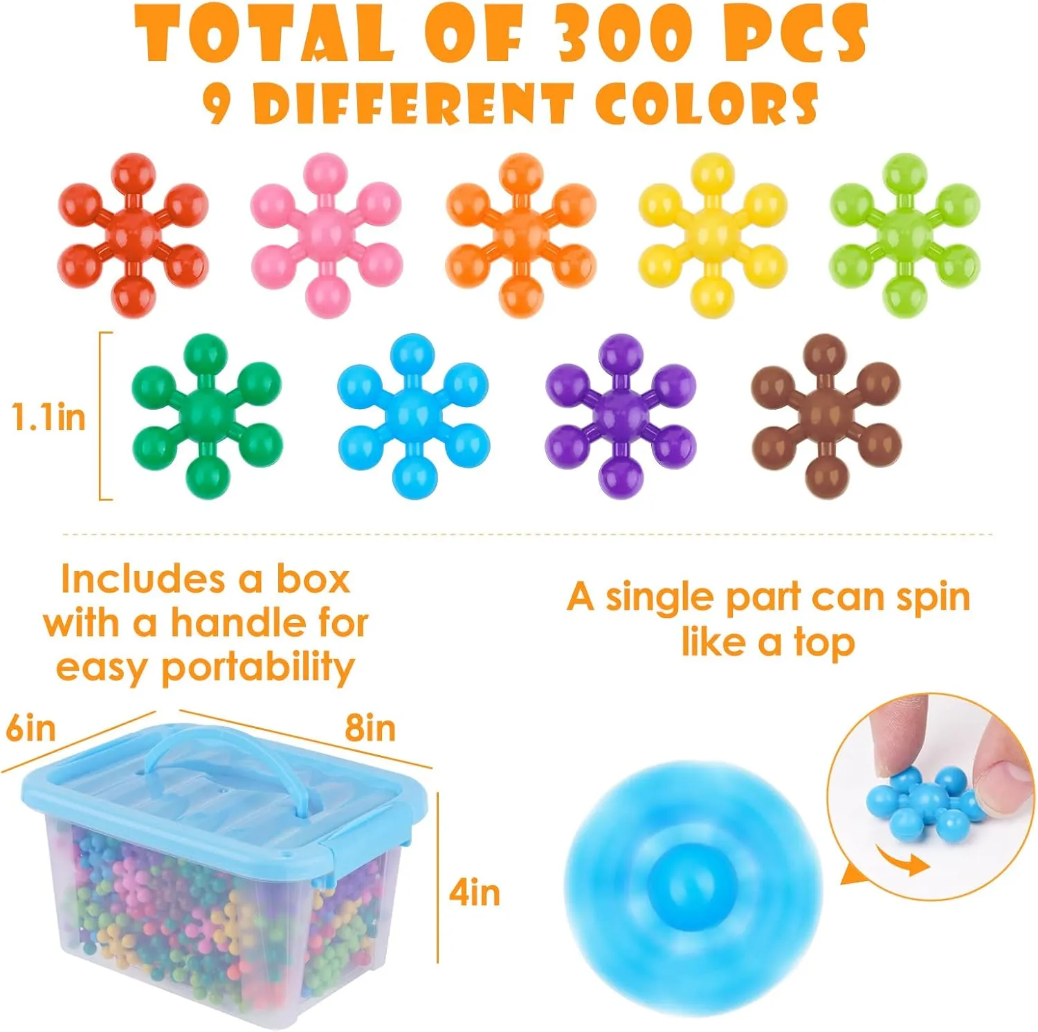 Snowflake Interlocking Building Block Educational Toy 300PCS for Kids Ages 3 , Multi-Color Solid Plastic Early Learning Creativity STEM Toy with Carrying Case Safe Material
