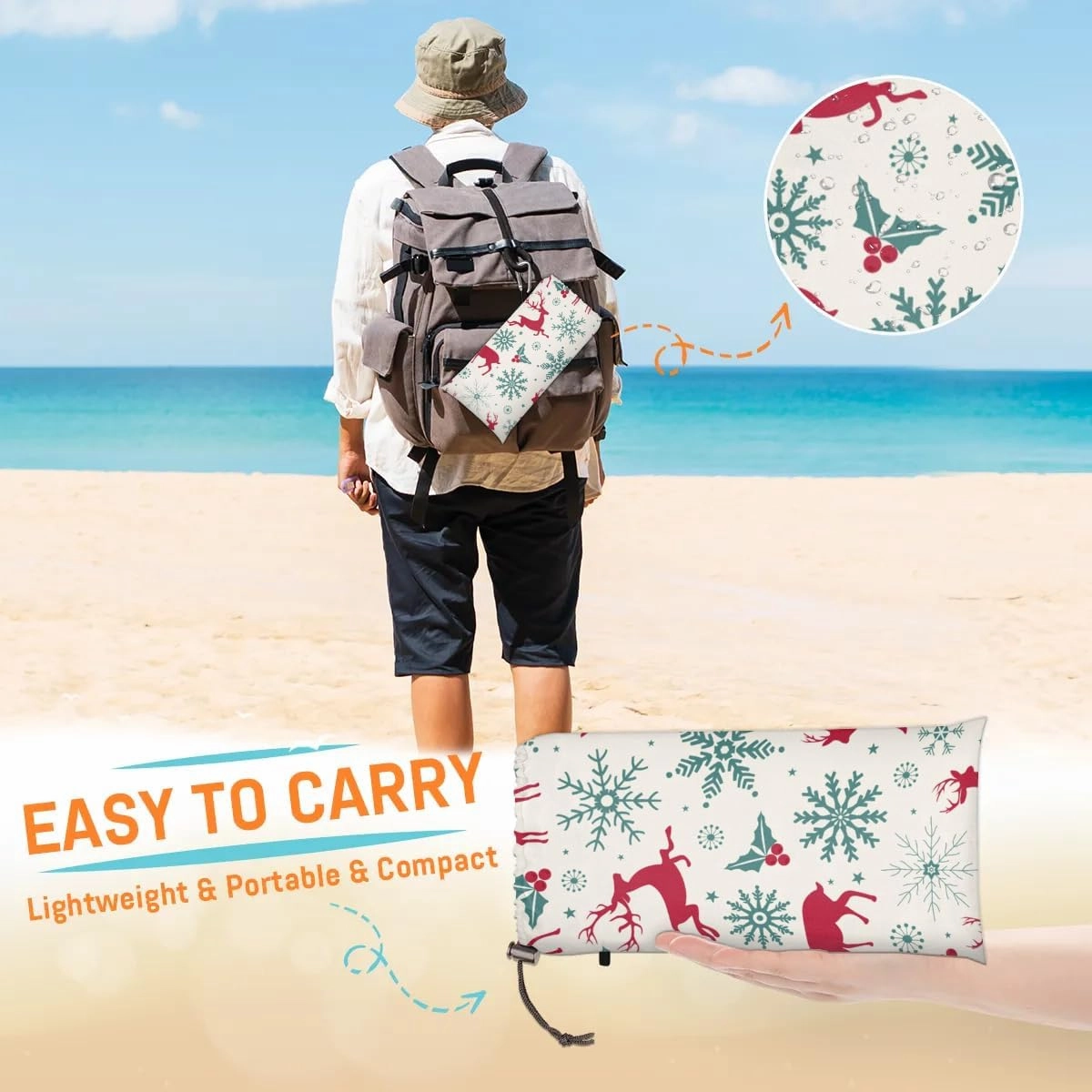 Snowflake Elk Beach Blanket, Sandproof Beach Mat, 68 x 59 Waterproof Quick Drying Sand Free Mat with 4 x Ground Spikes for Outdoor Travel Camping Hiking, Christmas