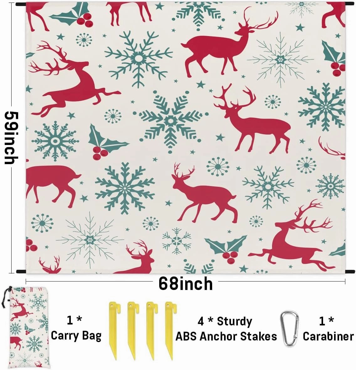 Snowflake Elk Beach Blanket, Sandproof Beach Mat, 68 x 59 Waterproof Quick Drying Sand Free Mat with 4 x Ground Spikes for Outdoor Travel Camping Hiking, Christmas