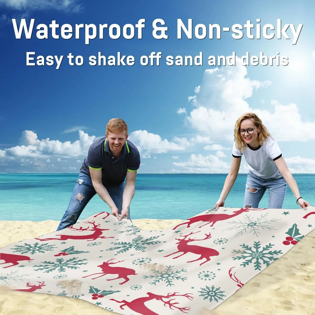 Snowflake Elk Beach Blanket, Sandproof Beach Mat, 68 x 59 Waterproof Quick Drying Sand Free Mat with 4 x Ground Spikes for Outdoor Travel Camping Hiking, Christmas