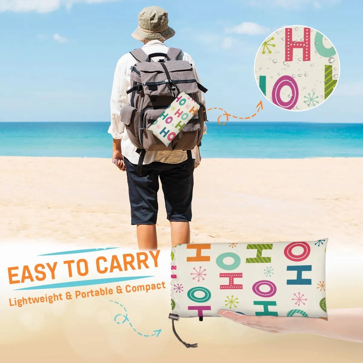 Snowflake HO Beach Blanket, Sandproof Beach Mat, 68 x 59 Waterproof Quick Drying Sand Free Mat with 4 x Ground Spikes for Outdoor Travel Camping Hiking, Christmas