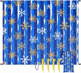 Snowflakes Beach Blanket, Sandproof Beach Mat, 68 x 59 Waterproof Quick Drying Sand Free Mat with 4 x Ground Spikes for Outdoor Travel Camping Hiking, Blue Christmas