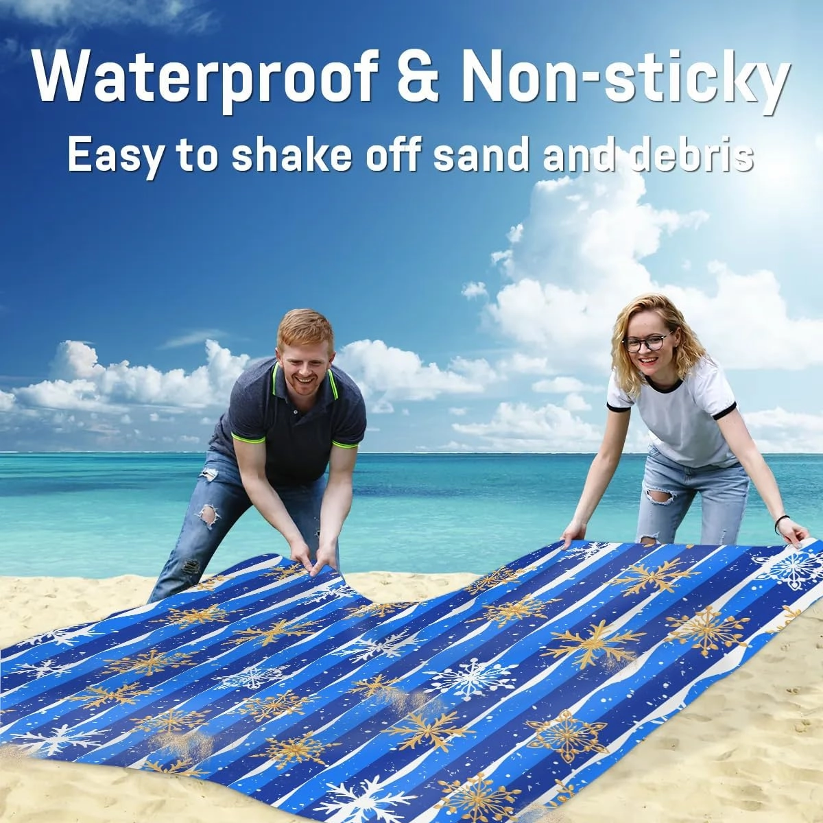 Snowflakes Beach Blanket, Sandproof Beach Mat, 68 x 59 Waterproof Quick Drying Sand Free Mat with 4 x Ground Spikes for Outdoor Travel Camping Hiking, Blue Christmas