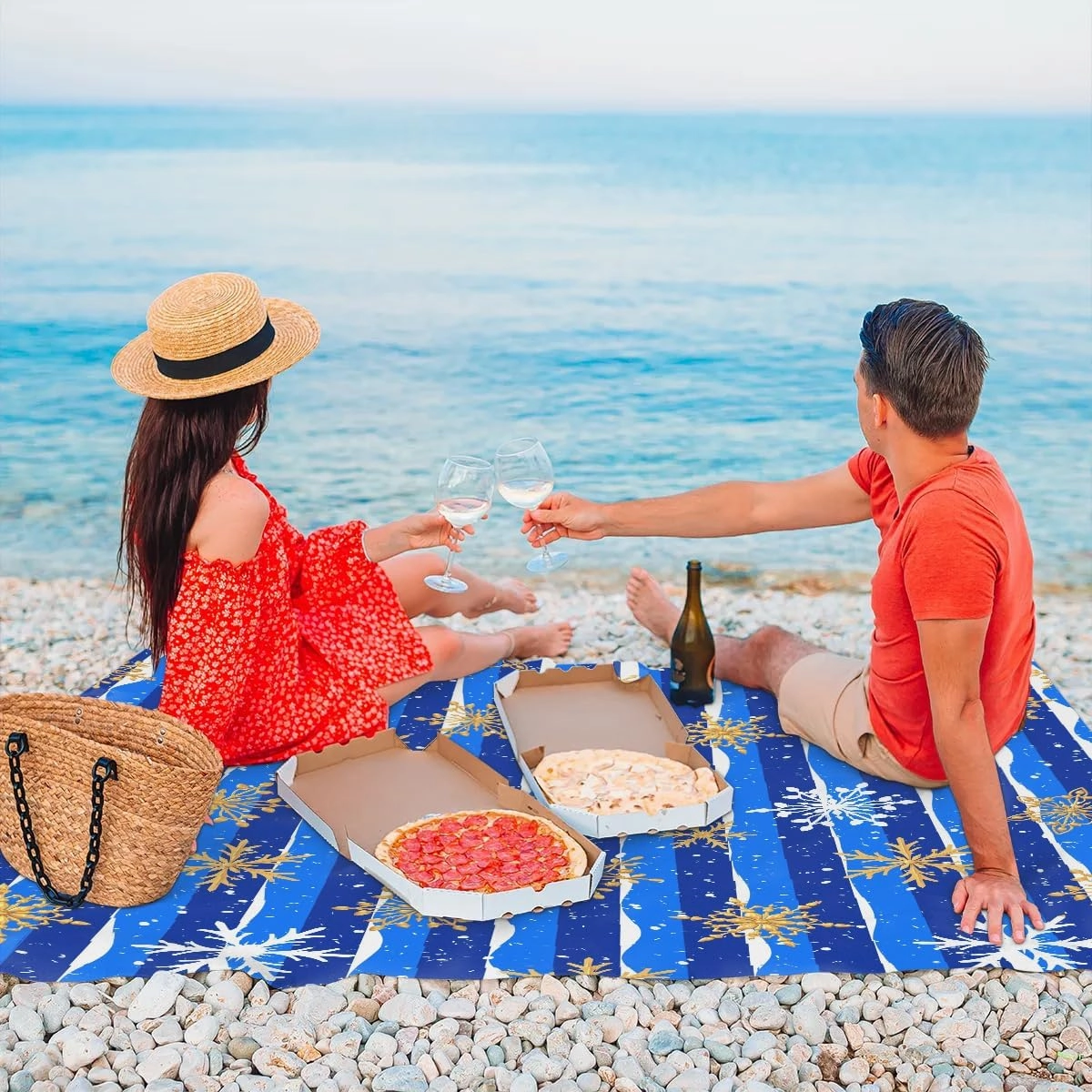 Snowflakes Beach Blanket, Sandproof Beach Mat, 68 x 59 Waterproof Quick Drying Sand Free Mat with 4 x Ground Spikes for Outdoor Travel Camping Hiking, Blue Christmas
