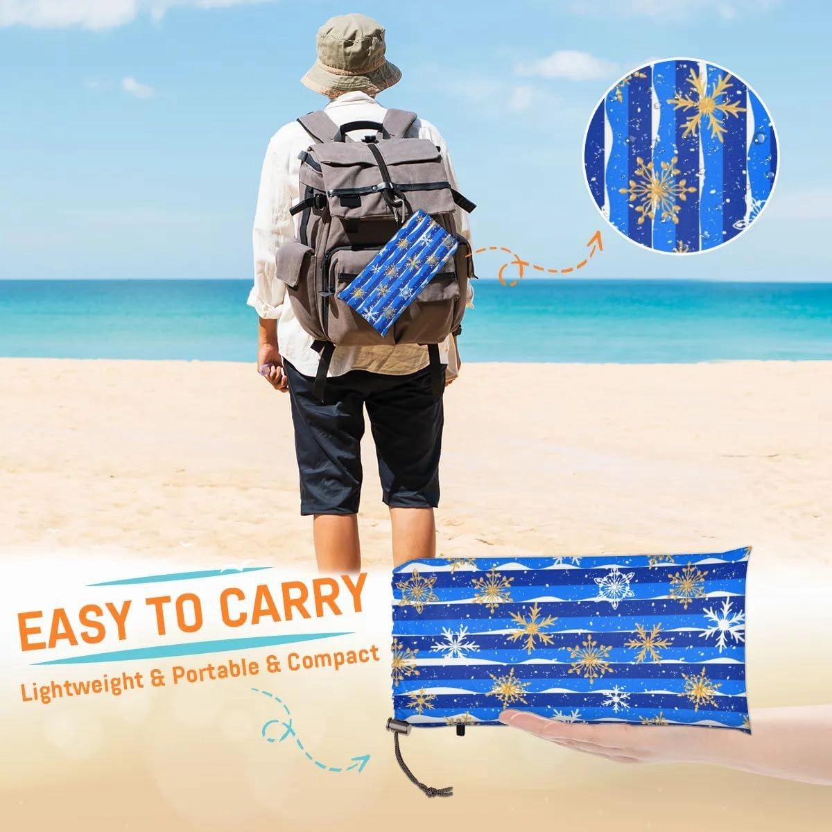 Snowflakes Beach Blanket, Sandproof Beach Mat, 68 x 59 Waterproof Quick Drying Sand Free Mat with 4 x Ground Spikes for Outdoor Travel Camping Hiking, Blue Christmas