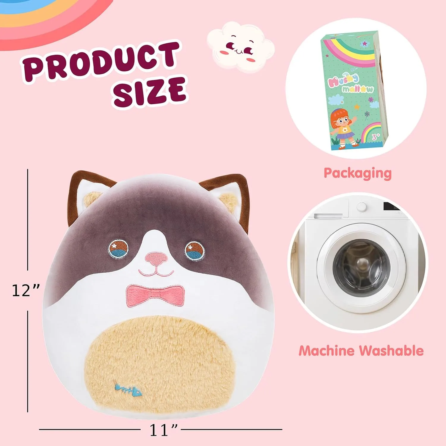 Snowshoe Cat Plush Pillow Cute Siamese Kitten Plush Toy Soft Cat Stuffed Animal Birthday Gifts for Kids Girls Boys