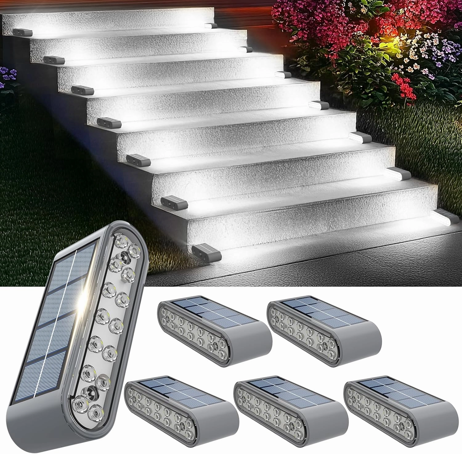 Solar Step Lights for Outside, 6-Pack Stair Light Outdoor Waterproof IP67, 14 LED Cool White Light Solar Powered Lighting for Steps, Stairs, Deck, Patio, Walkway, Front Porch Decor
