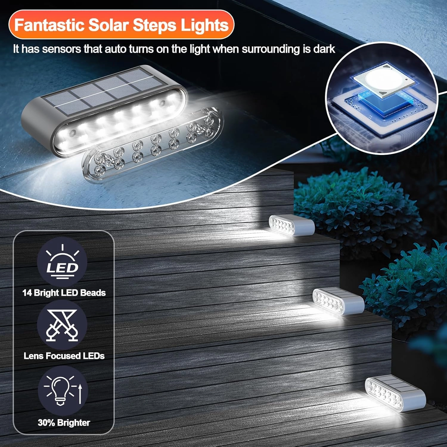 Solar Step Lights for Outside, 6-Pack Stair Light Outdoor Waterproof IP67, 14 LED Cool White Light Solar Powered Lighting for Steps, Stairs, Deck, Patio, Walkway, Front Porch Decor