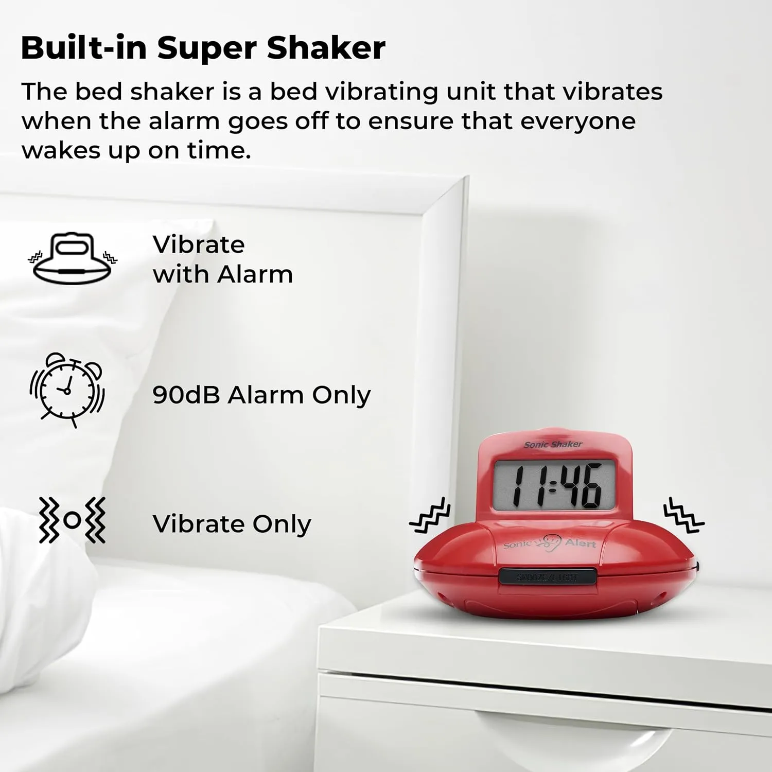 Sonic Alert Digital Alarm Clock - Travel Alarm Clock for Heavy Sleepers - Bed Shaker Alarm Clock - Vibrating Alarm Clock Under Pillow - Battery Operated – Red