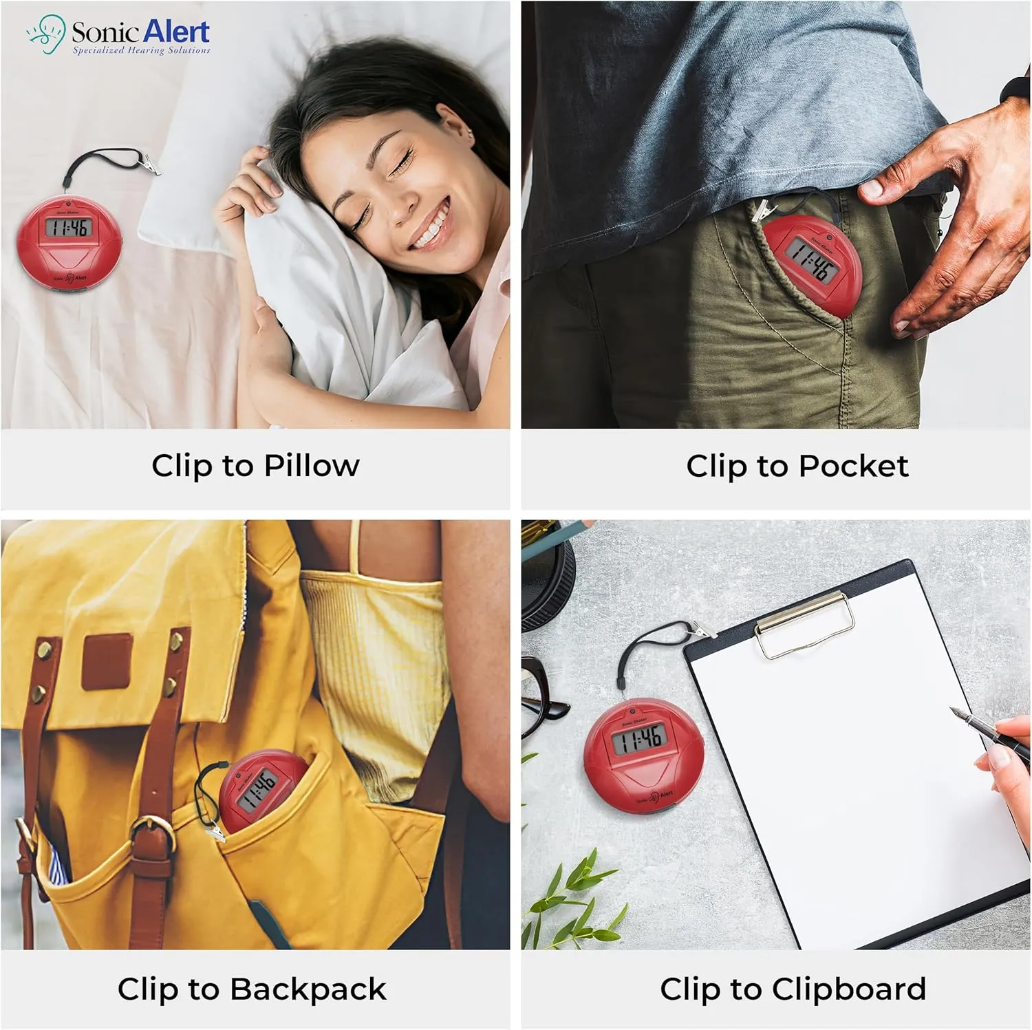 Sonic Alert Digital Alarm Clock - Travel Alarm Clock for Heavy Sleepers - Bed Shaker Alarm Clock - Vibrating Alarm Clock Under Pillow - Battery Operated – Red