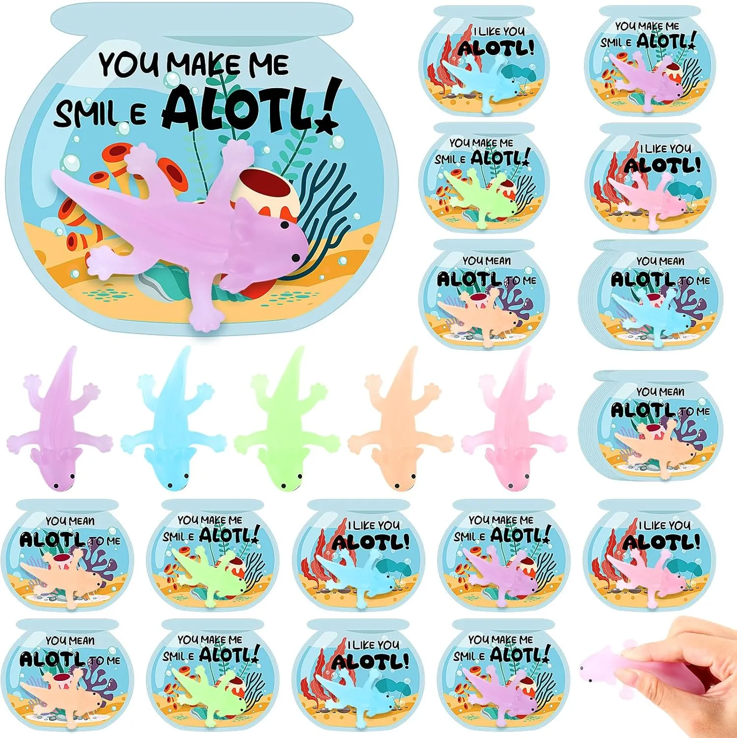 Spakon 30 Set Axolotl Gifts Party Favor for Kids Axolotl Sensory Fidget Toys with Cards Birthday Party Supplies for Girls Boys Stress Relief Amphibian Themed Game Prizes
