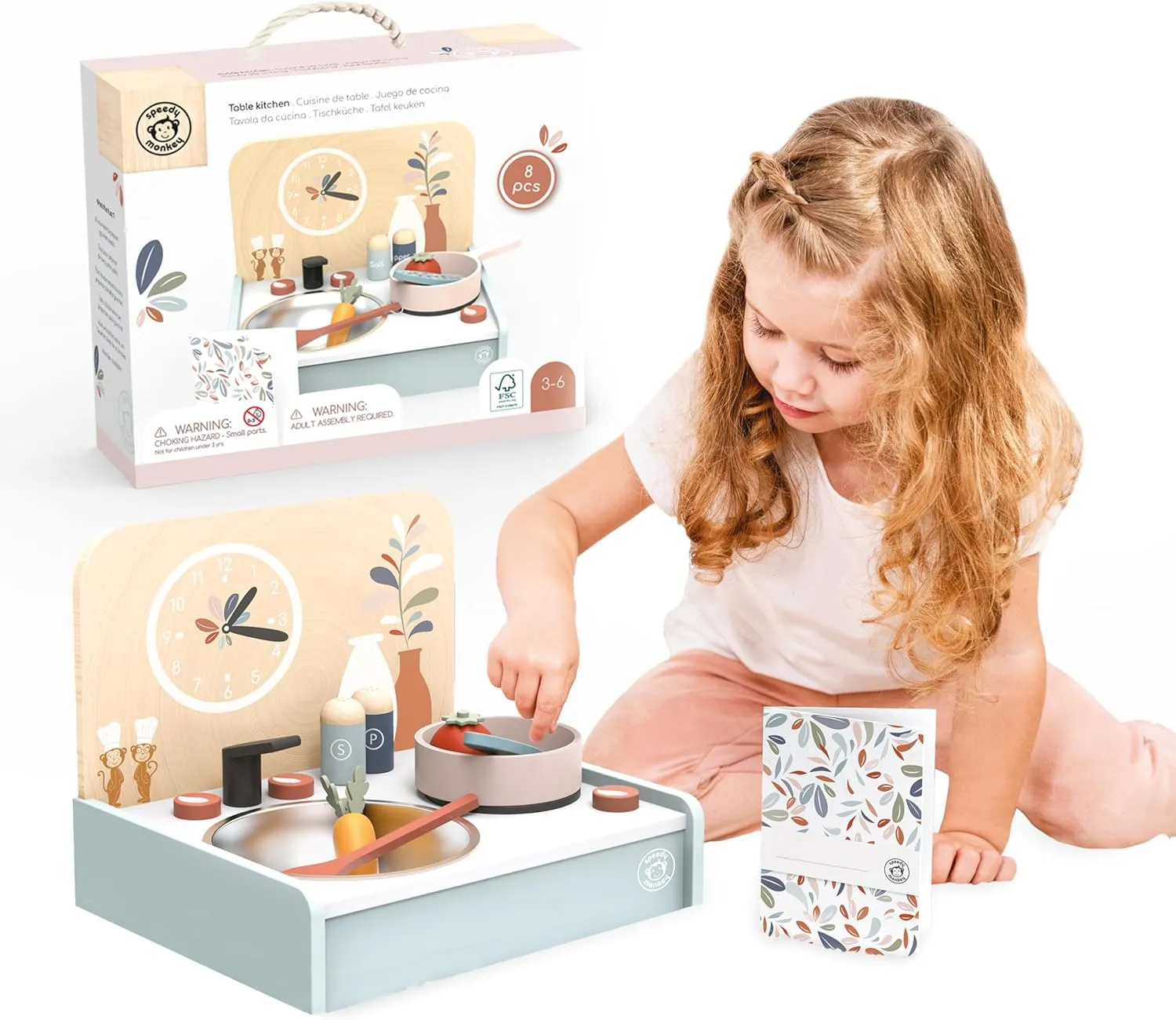Speedy Monkey Table-Set Kitchen with 8 Accessories, Portable Wooden Kitchen Toy with Stovetop, Spatula, Pan & More, Encourages Creative Play, Ideal for Kids to Cook, Serve and Clean Up