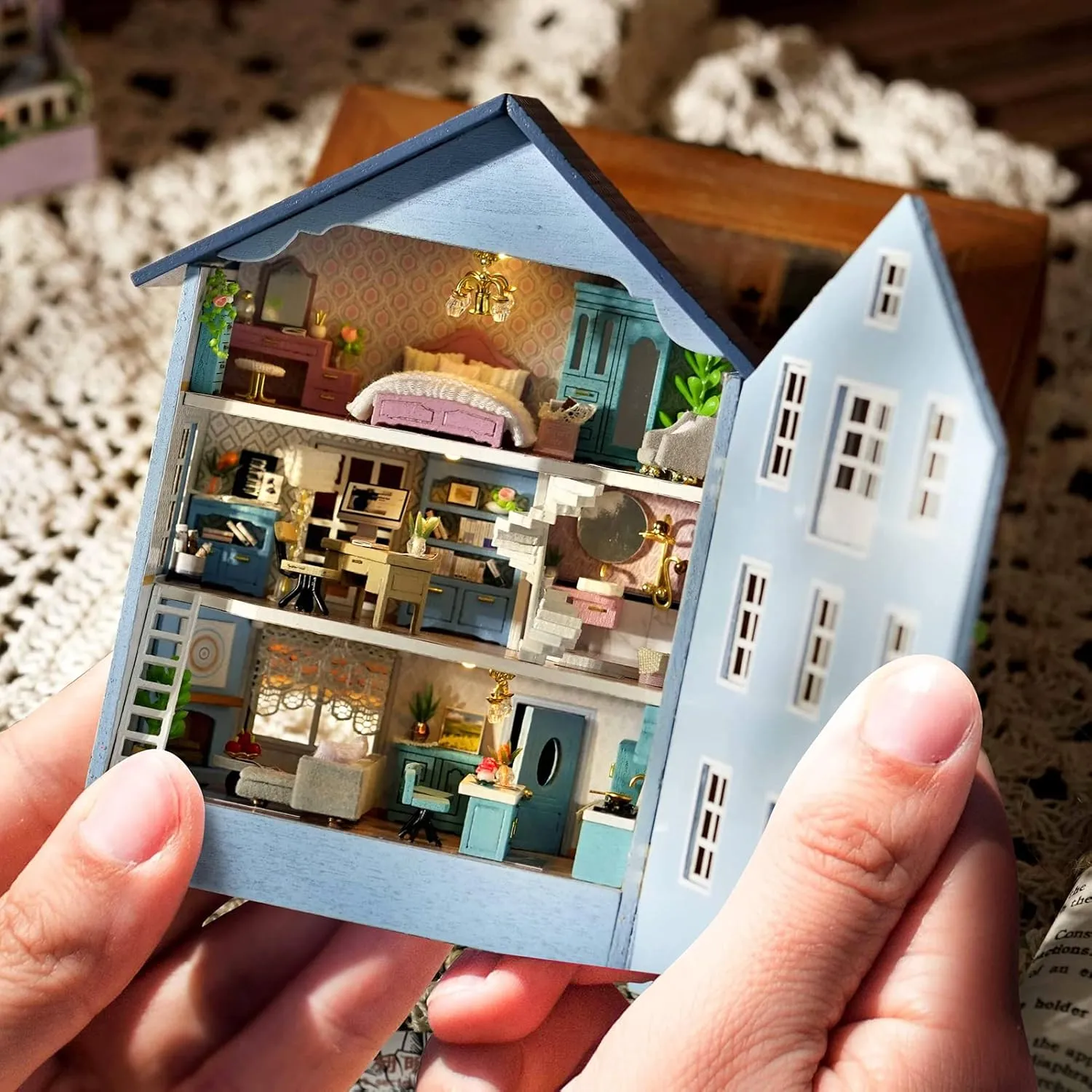 Spilay Dollhouse DIY Miniature Wooden Furniture Kit,Mini Handmade Doll House with LED,1:24 Scale Creative Woodcrafts Toys for Adult Friend Lover Birthday Gift D031