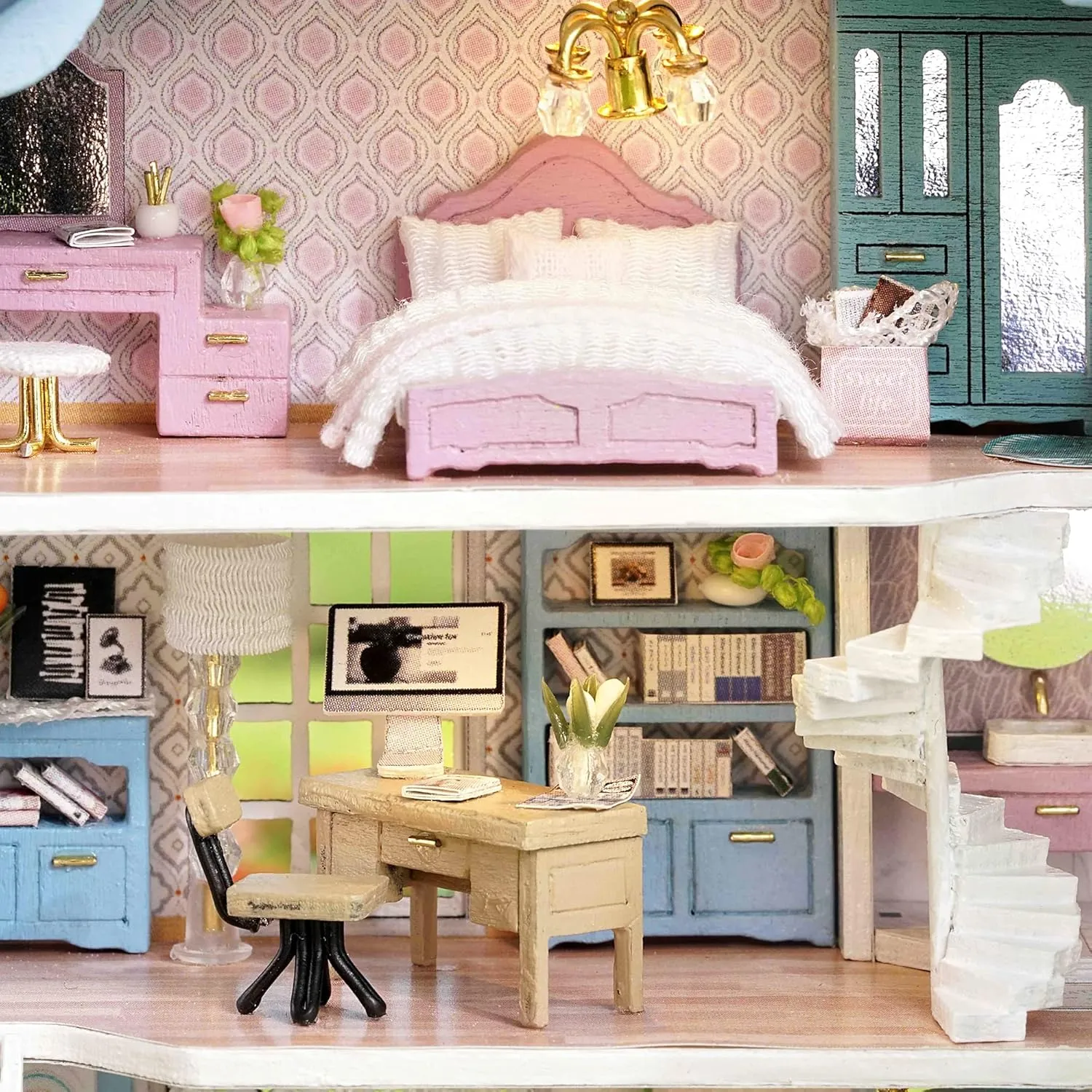 Spilay Dollhouse DIY Miniature Wooden Furniture Kit,Mini Handmade Doll House with LED,1:24 Scale Creative Woodcrafts Toys for Adult Friend Lover Birthday Gift D031
