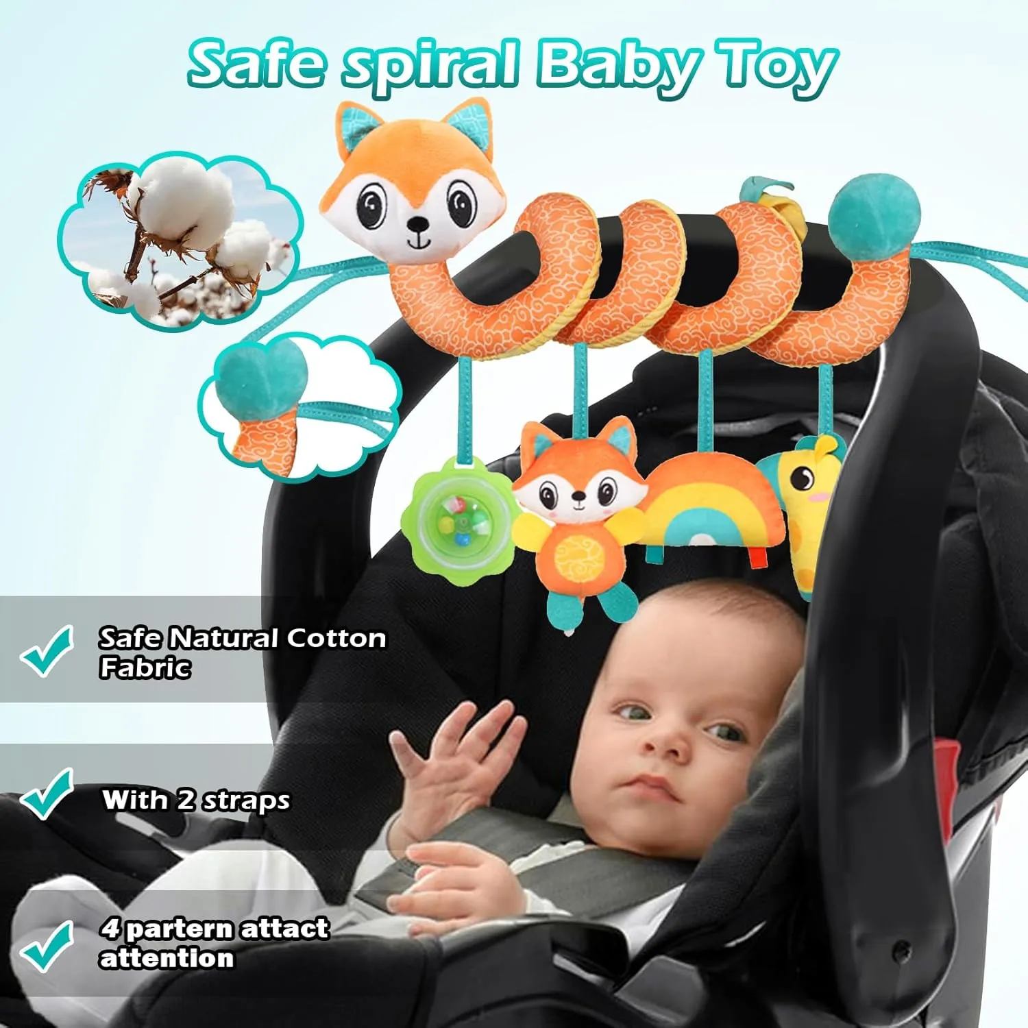 Spiral Car Seat Toys Stroller Toy for Babies - Baby Crib Hanging Rattles Toys for Babies 0-12 Months, Carseat Pram Crib with Musical Rattle Toy for Newborn Boys Girls Gifts （Fox）