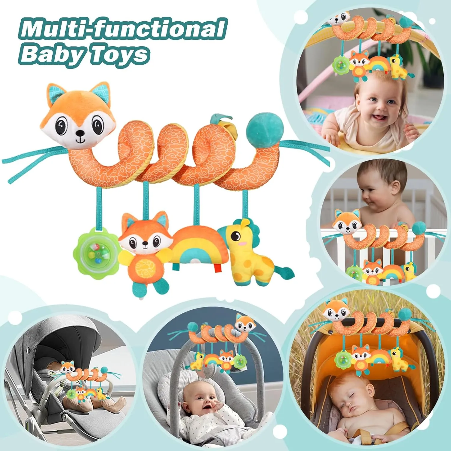Spiral Car Seat Toys Stroller Toy for Babies - Baby Crib Hanging Rattles Toys for Babies 0-12 Months, Carseat Pram Crib with Musical Rattle Toy for Newborn Boys Girls Gifts （Fox）