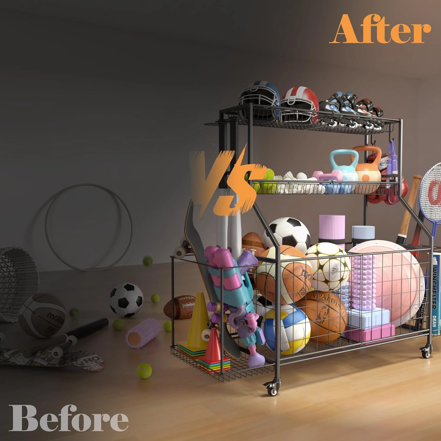 Sport Equipment Organizer, Garage Ball Storage Racks - Outdoor Toy Storage with Side Racks & Removable Baskets, Heavy-Duty Garage Organizer with Wheels, Rolling Ball Cart for Sports Gear