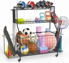 Sport Equipment Organizer, Garage Ball Storage Racks - Outdoor Toy Storage with Side Racks & Removable Baskets, Heavy-Duty Garage Organizer with Wheels, Rolling Ball Cart for Sports Gear
