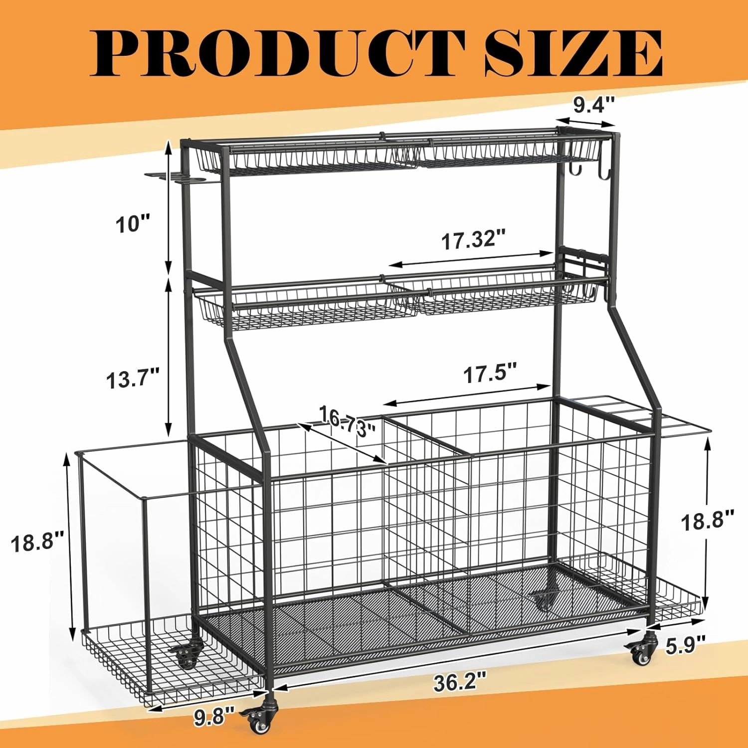Sports Equipment Organizer, Garage Ball Storage Racks - Outdoor Toy Storage with 2 Side Racks & Removable Baskets, Heavy-Duty Garage Rolling Ball Cart with Wheels, Hooks for Toys, Sports Gear