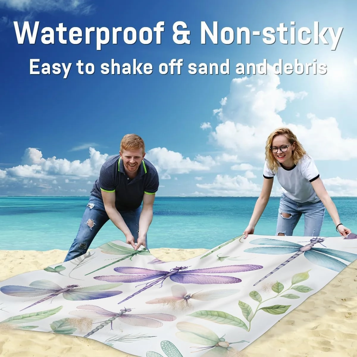 Spring Dragonfly Beach Blanket, Sandproof Beach Mat, 68 x 59 Waterproof Quick Drying Sand Free Mat with 4 x Ground Spikes for Outdoor Travel Camping Hiking, Dragonfly