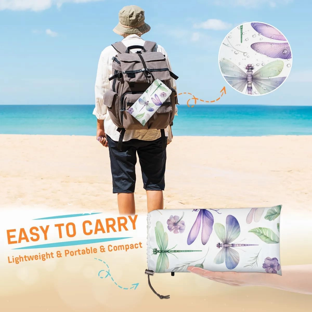 Spring Dragonfly Beach Blanket, Sandproof Beach Mat, 68 x 59 Waterproof Quick Drying Sand Free Mat with 4 x Ground Spikes for Outdoor Travel Camping Hiking, Dragonfly