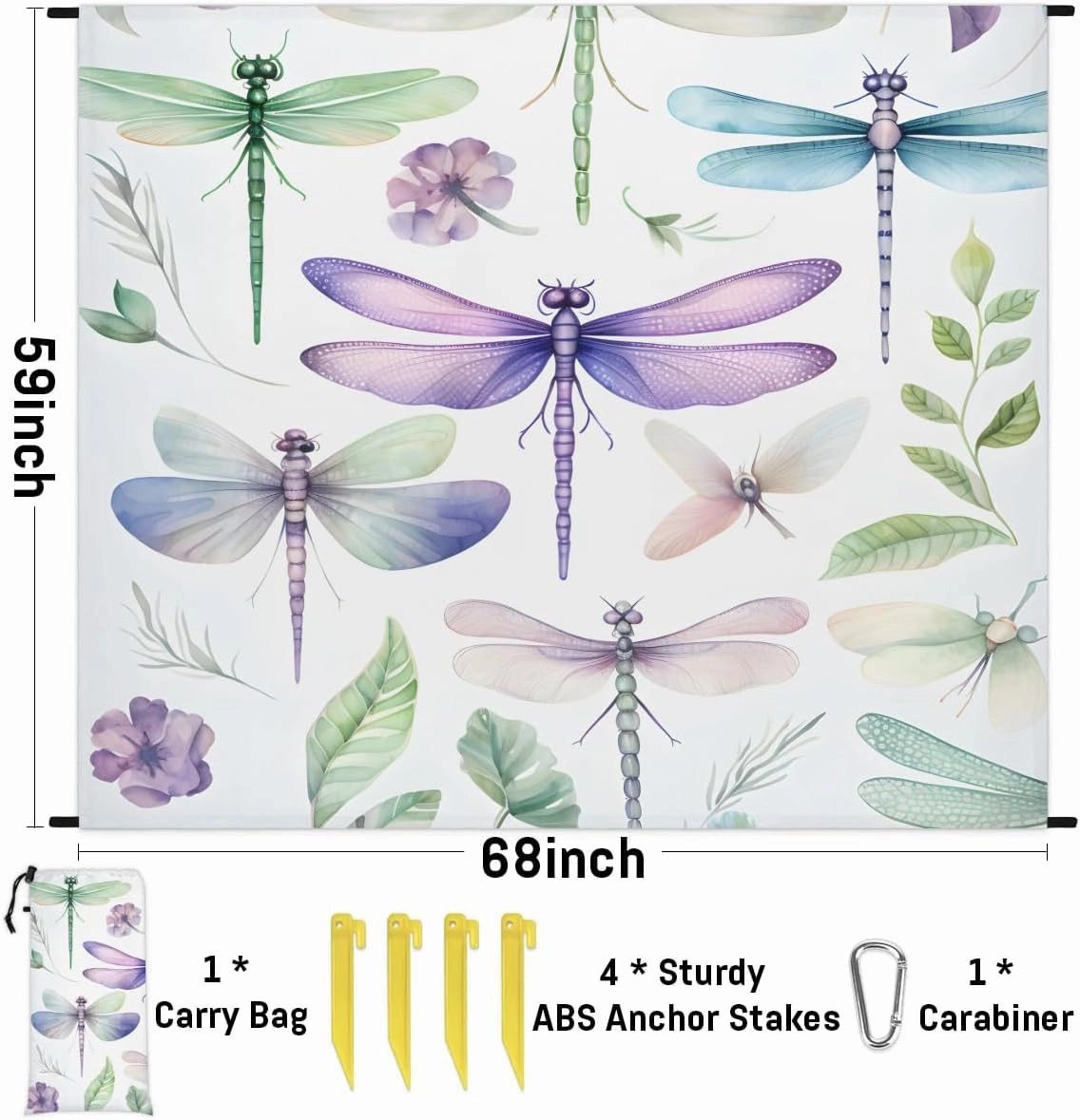 Spring Dragonfly Beach Blanket, Sandproof Beach Mat, 68 x 59 Waterproof Quick Drying Sand Free Mat with 4 x Ground Spikes for Outdoor Travel Camping Hiking, Dragonfly