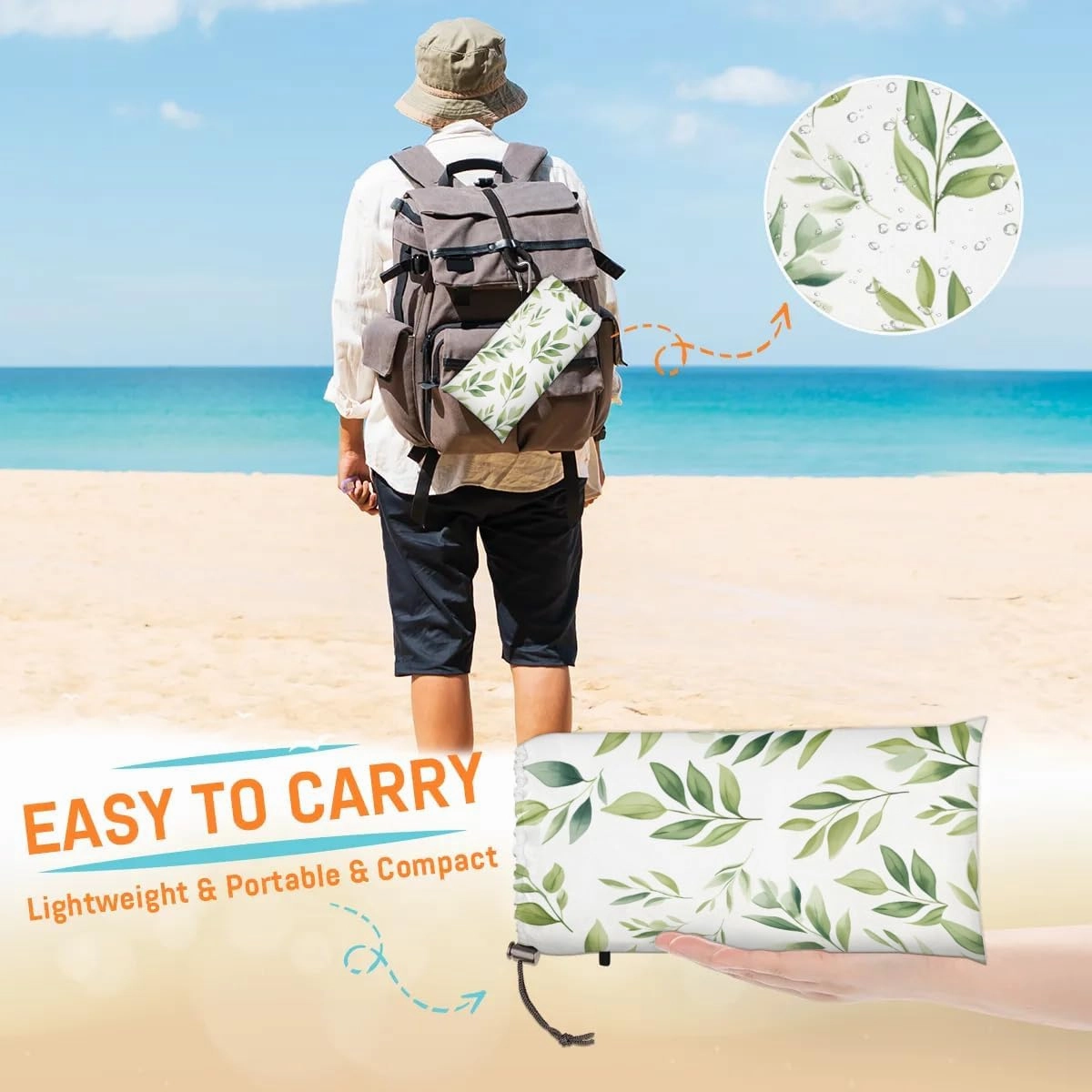 Spring Eucalyptus Leaves Beach Blanket, Sandproof Beach Mat, 68 x 59 Waterproof Quick Drying Sand Free Mat with 4 x Ground Spikes for Outdoor Travel Camping Hiking, Green Eucalyptus Leaf