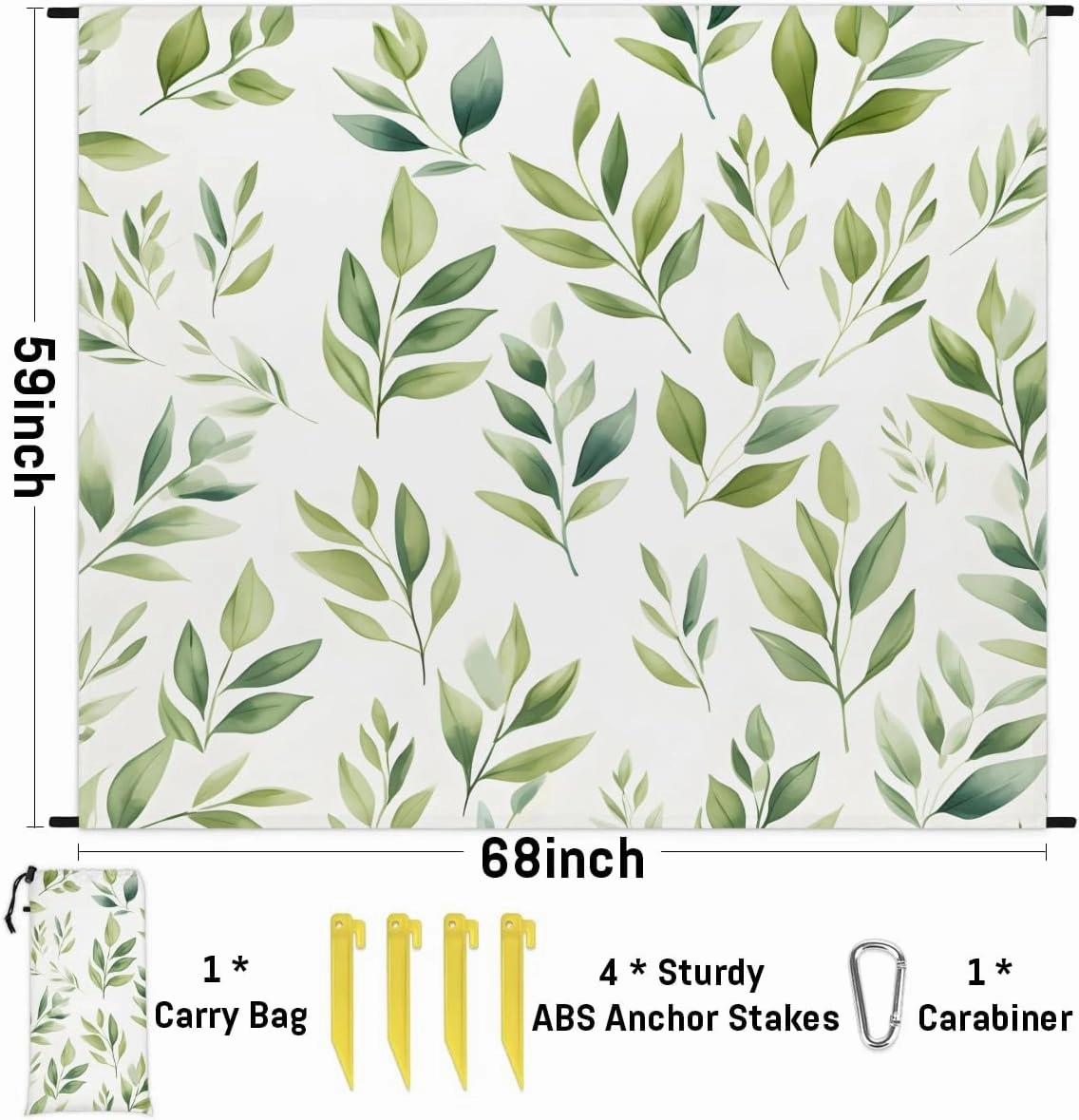 Spring Eucalyptus Leaves Beach Blanket, Sandproof Beach Mat, 68 x 59 Waterproof Quick Drying Sand Free Mat with 4 x Ground Spikes for Outdoor Travel Camping Hiking, Green Eucalyptus Leaf