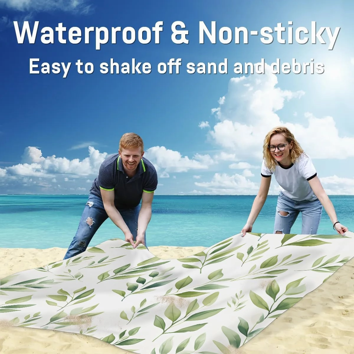 Spring Eucalyptus Leaves Beach Blanket, Sandproof Beach Mat, 68 x 59 Waterproof Quick Drying Sand Free Mat with 4 x Ground Spikes for Outdoor Travel Camping Hiking, Green Eucalyptus Leaf