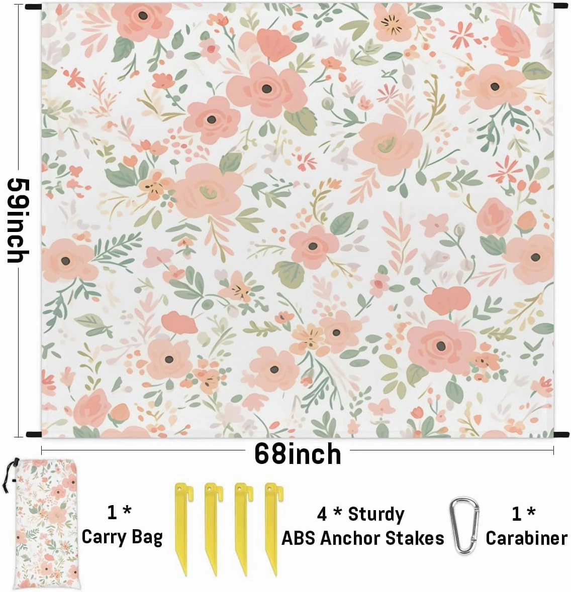 Spring Floral Beach Blanket, Sandproof Beach Mat, 68 x 59 Waterproof Quick Drying Sand Free Mat with 4 x Ground Spikes for Outdoor Travel Camping Hiking, Wildflowers Flowers