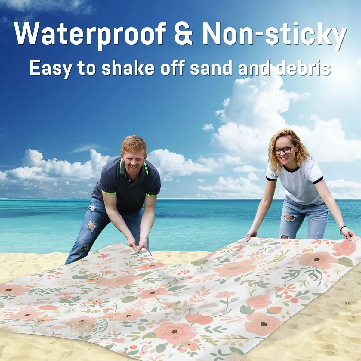 Spring Floral Beach Blanket, Sandproof Beach Mat, 68 x 59 Waterproof Quick Drying Sand Free Mat with 4 x Ground Spikes for Outdoor Travel Camping Hiking, Wildflowers Flowers