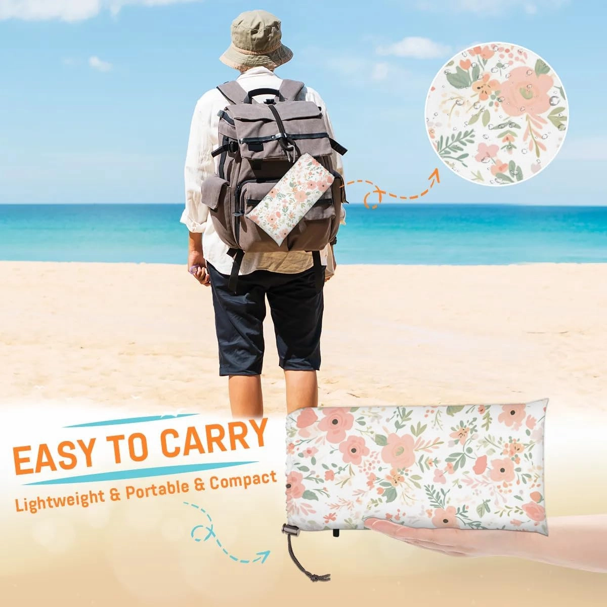 Spring Floral Beach Blanket, Sandproof Beach Mat, 68 x 59 Waterproof Quick Drying Sand Free Mat with 4 x Ground Spikes for Outdoor Travel Camping Hiking, Wildflowers Flowers