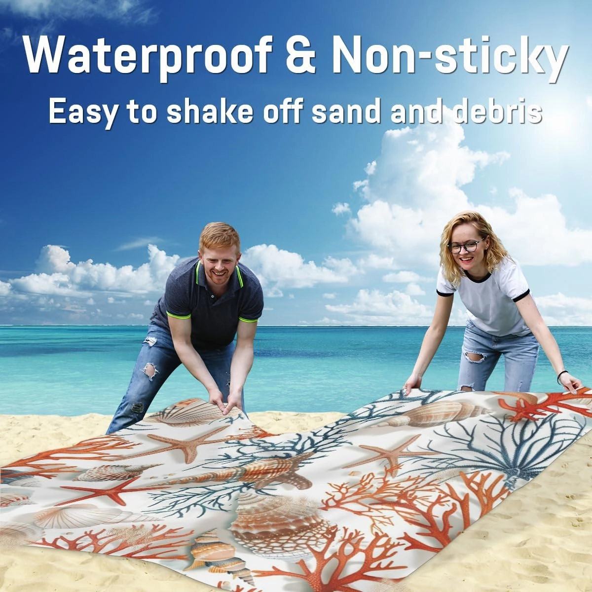 Spring Summer Seashell Beach Blanket, Sandproof Beach Mat, Adults Waterproof Quick Drying Sand Free Mat with 4 x Ground Spikes for Outdoor Travel Camping Hiking, Tropical Ocean Beach