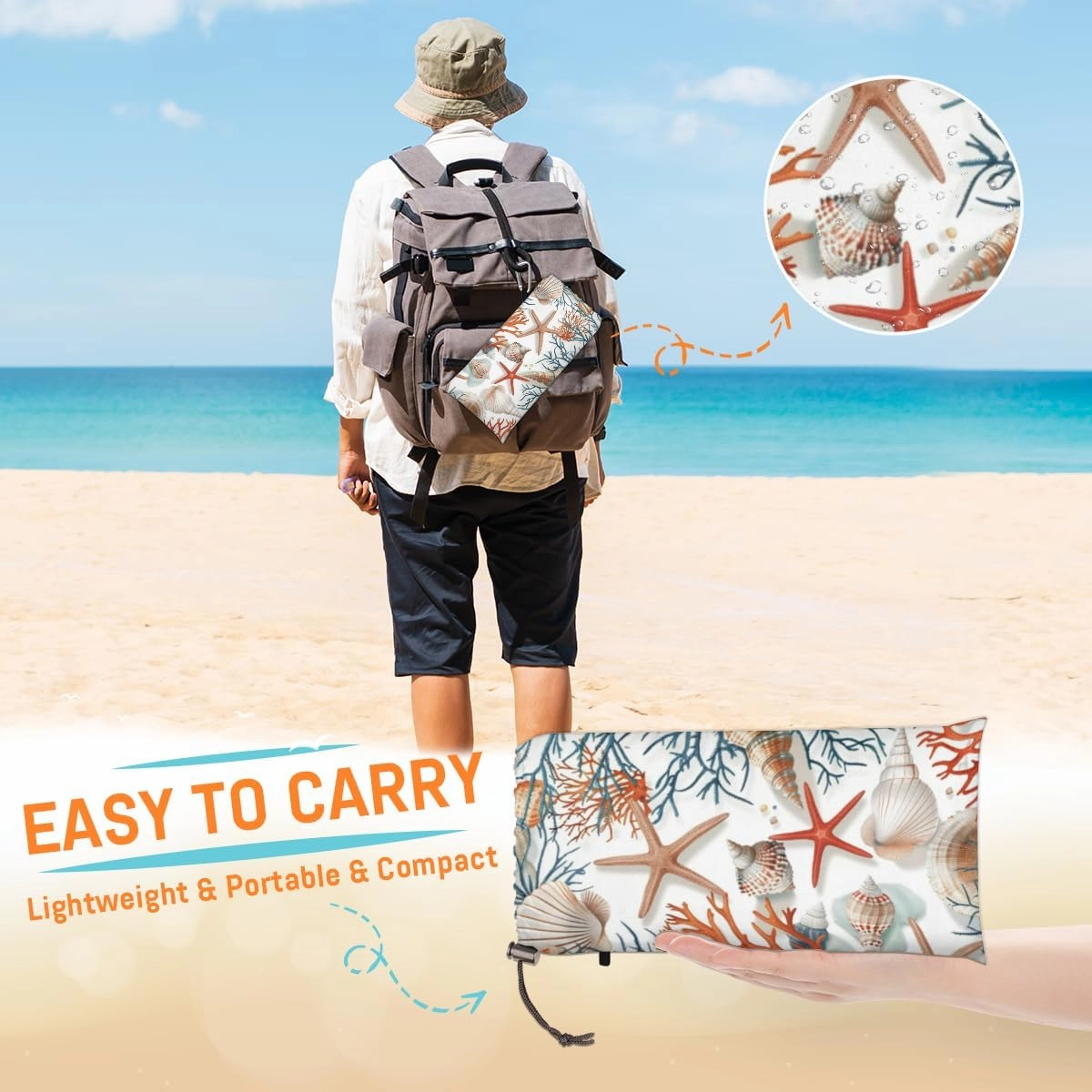 Spring Summer Seashell Beach Blanket, Sandproof Beach Mat, Adults Waterproof Quick Drying Sand Free Mat with 4 x Ground Spikes for Outdoor Travel Camping Hiking, Tropical Ocean Beach