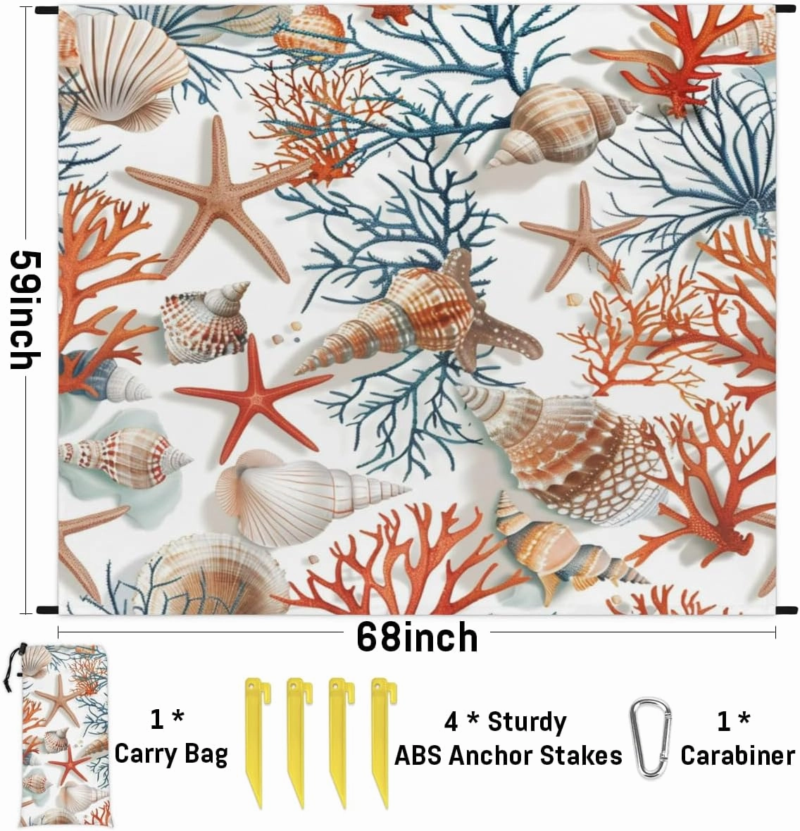 Spring Summer Seashell Beach Blanket, Sandproof Beach Mat, Adults Waterproof Quick Drying Sand Free Mat with 4 x Ground Spikes for Outdoor Travel Camping Hiking, Tropical Ocean Beach