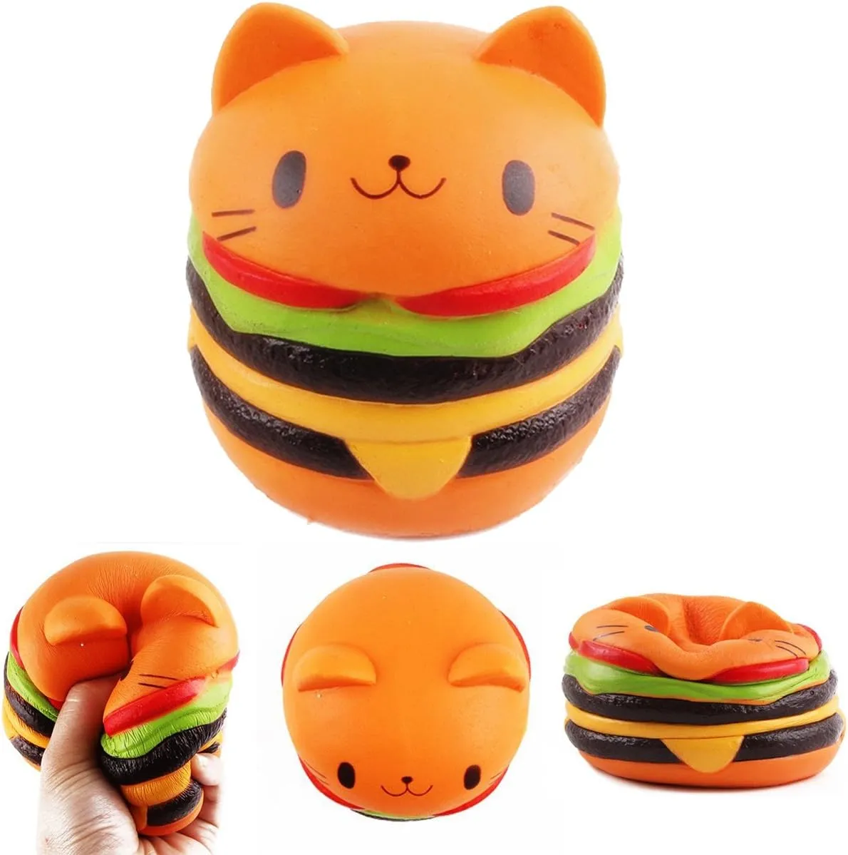 Squishy Stress Relief Toys - Jumbo Squishy Cat Hamburgers PumpkinToast Bread Chips Fruit Strawberry Peach Banana Scented Slow Rising large Squishy Charms Hand Pillow Toy Squeeze Toys (Burger cat)
