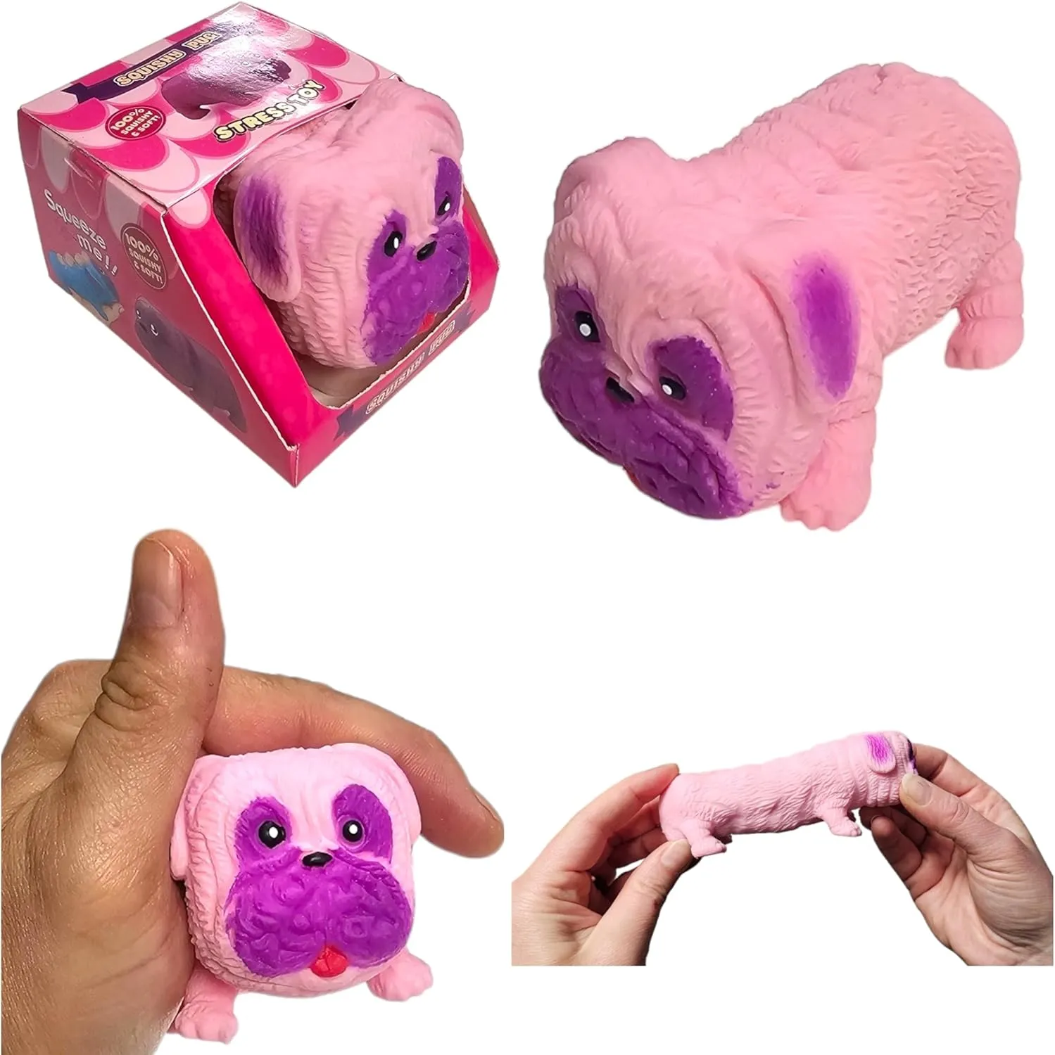 Squishy Stretchy Pug (2.5" to 6.5") Rubber Fidget Sensory Toy Filled with Sand. Great Stress Relief Dog Toy for Kids, Adults and Pets. (4 Pack