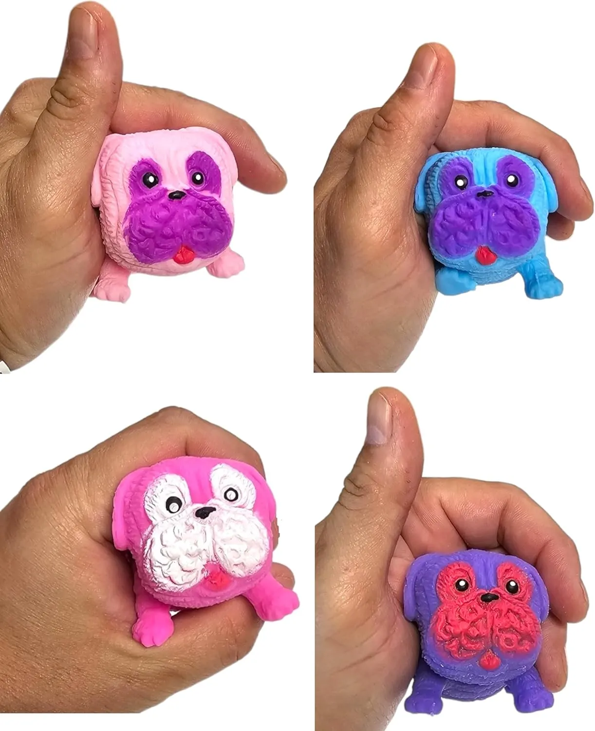 Squishy Stretchy Pug (2.5" to 6.5") Rubber Fidget Sensory Toy Filled with Sand. Great Stress Relief Dog Toy for Kids, Adults and Pets. (4 Pack