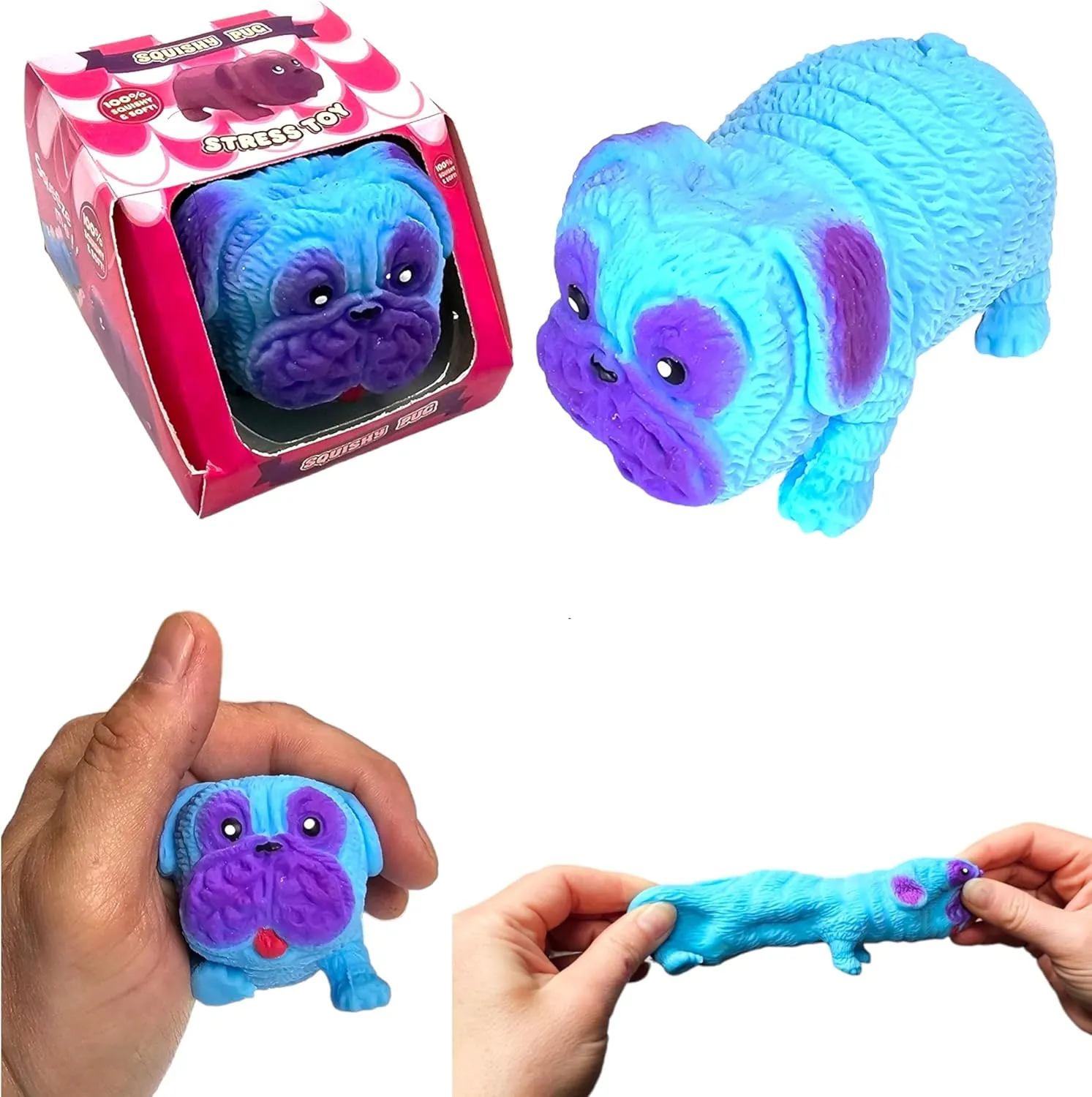 Squishy Stretchy Pug (2.5" to 6.5") Rubber Fidget Sensory Toy Filled with Sand. Great Stress Relief Dog Toy for Kids, Adults and Pets. (4 Pack