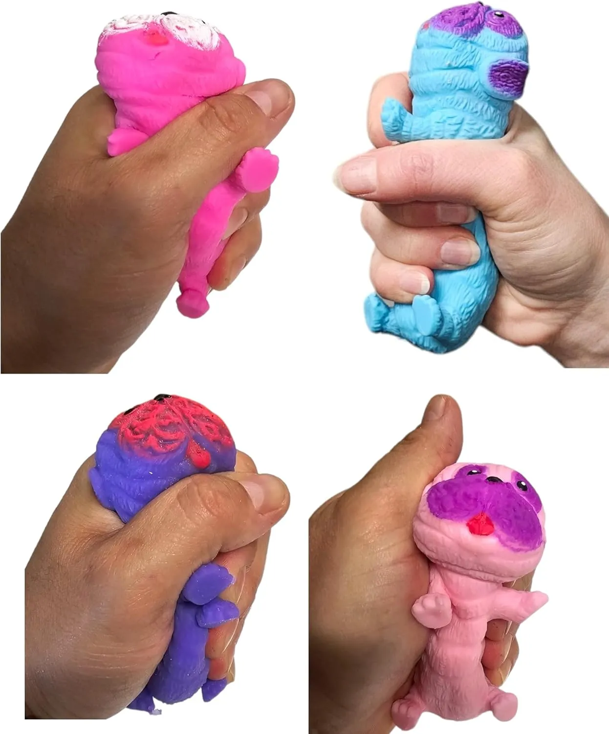 Squishy Stretchy Pug (2.5" to 6.5") Rubber Fidget Sensory Toy Filled with Sand. Great Stress Relief Dog Toy for Kids, Adults and Pets. (4 Pack