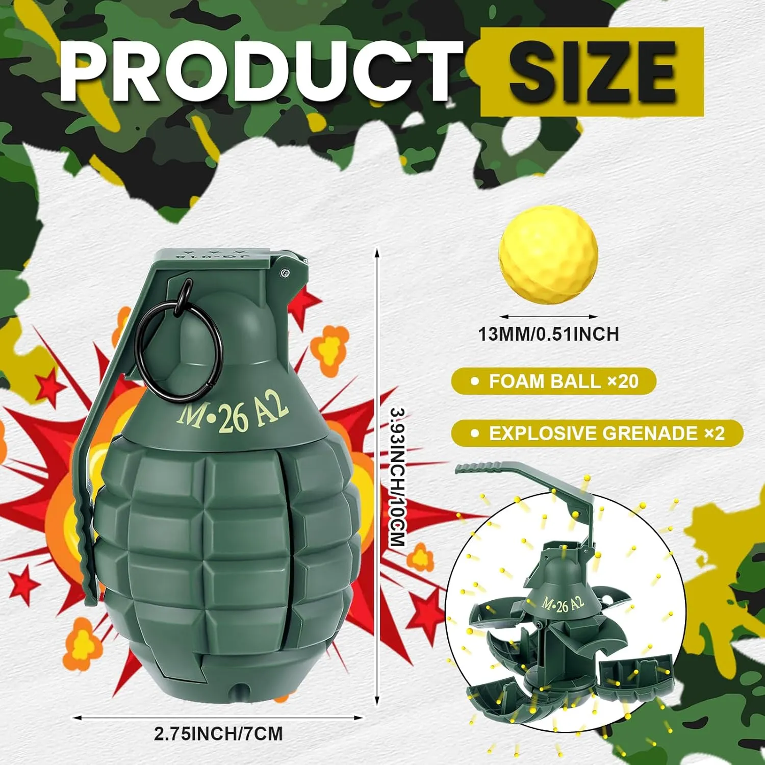 Sratte 2 Pcs Toy Hand Grenade for Battle Game with 20 Round Foam Ammo Model Tactical Fake Grenade for Outdoor Army Military Camo Party Favors Pretend Role Play Prop Game(Green)