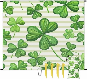 St.Patrick's Day Beach Blanket, Sandproof Beach Mat, Adults Waterproof Quick Drying Sand Free Mat with 4 x Ground Spikes for Outdoor Travel Camping Hiking, Clover Branches Green Leaves